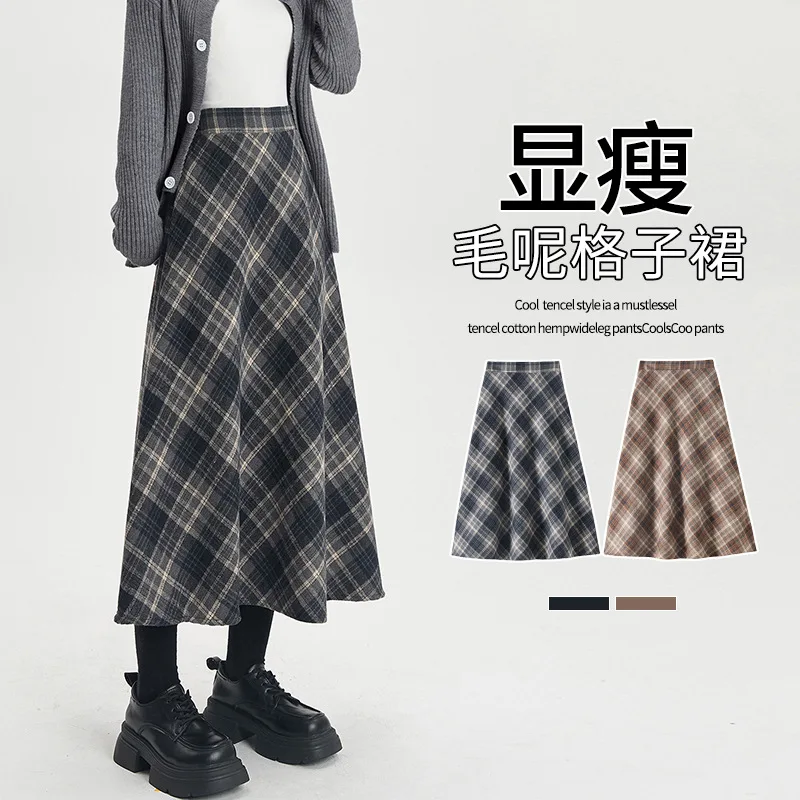 

Autumn Winter Woman Skirt Woolen Fabric Minimalist Retro A-Line Skirt High Waist Drape Grid Temperament Girl Mid-Length Skirt