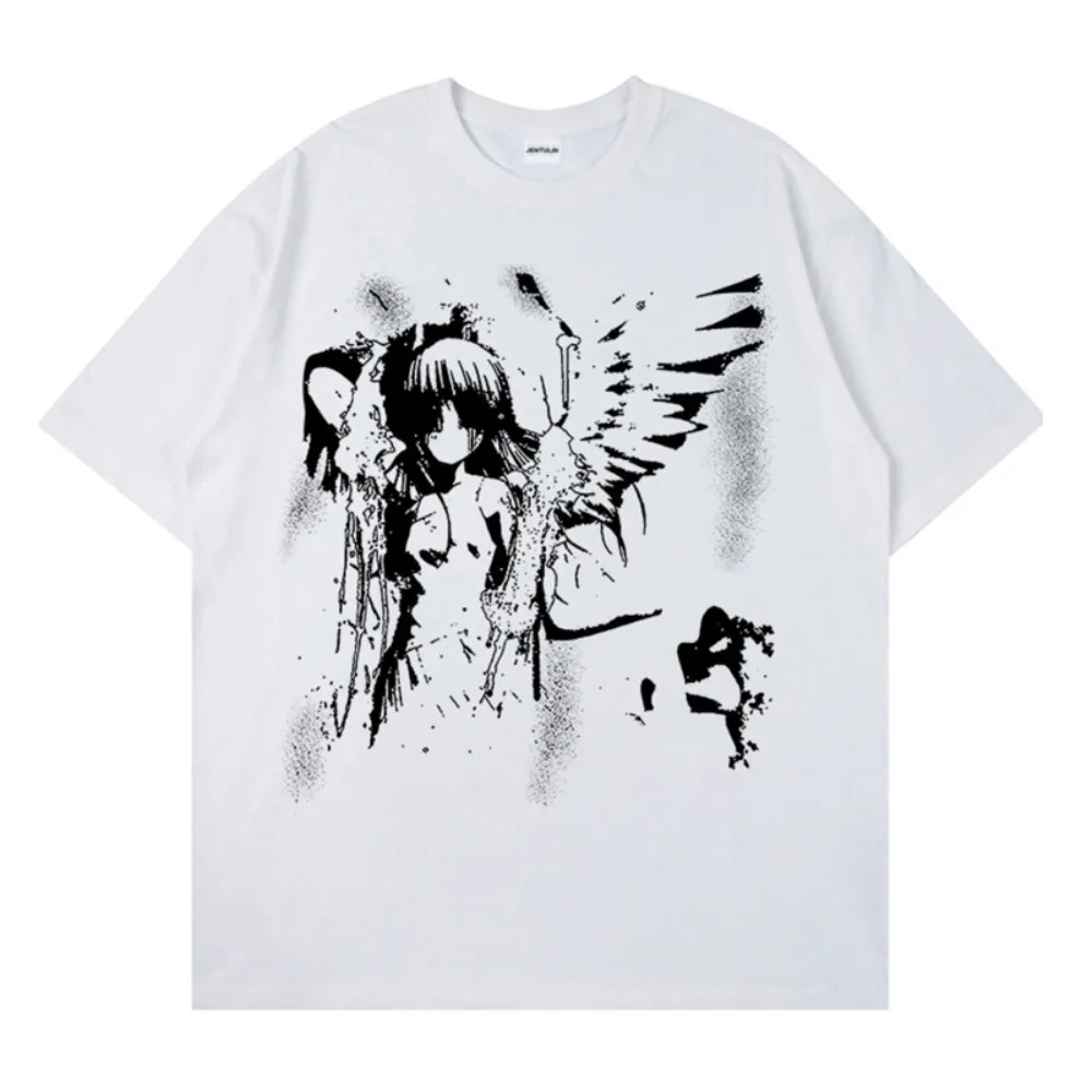 

Retro Angel Print Short-sleeved Women T-shirt Summer Harajuku Casual Loose Cotton Oversize Women's T-shirts Female Clothing