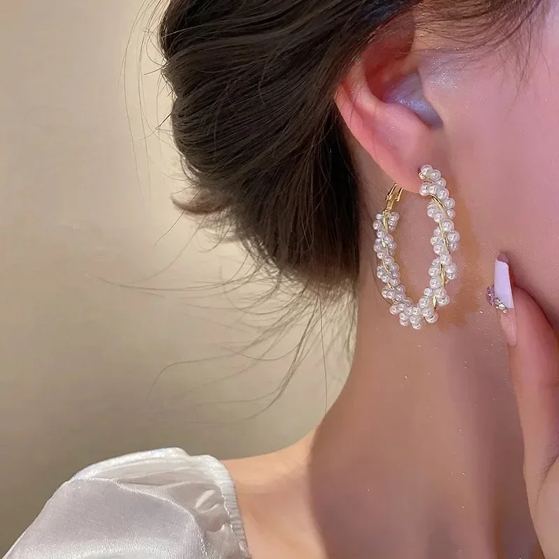 Korean Fashion Weaving Twisted Imitation Pearl Large Ring Earrings Women's Elegant Temperament Jewelry Holiday Party Accessories image 5