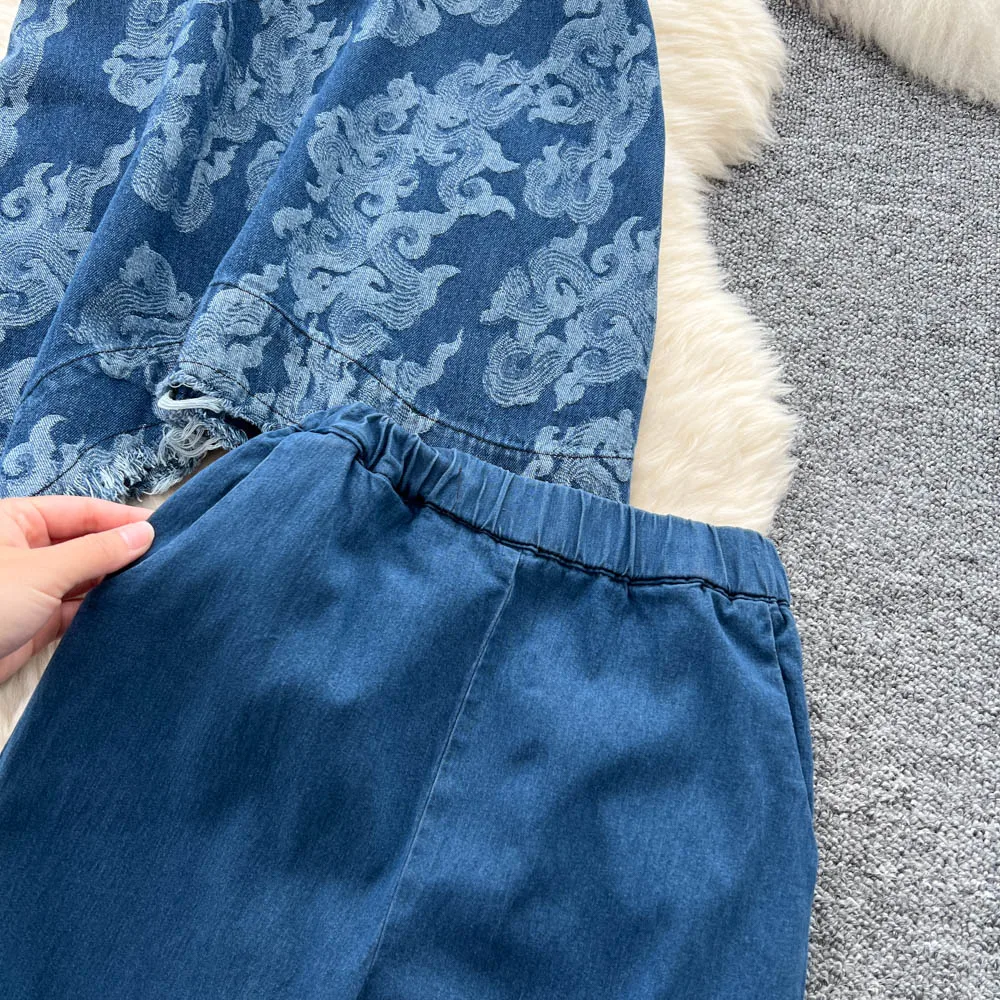 Set di abbigliamento jeans estivi da donna Top in denim allentato senza maniche con scollo a O + tailleur pantalone patchwork a gamba larga