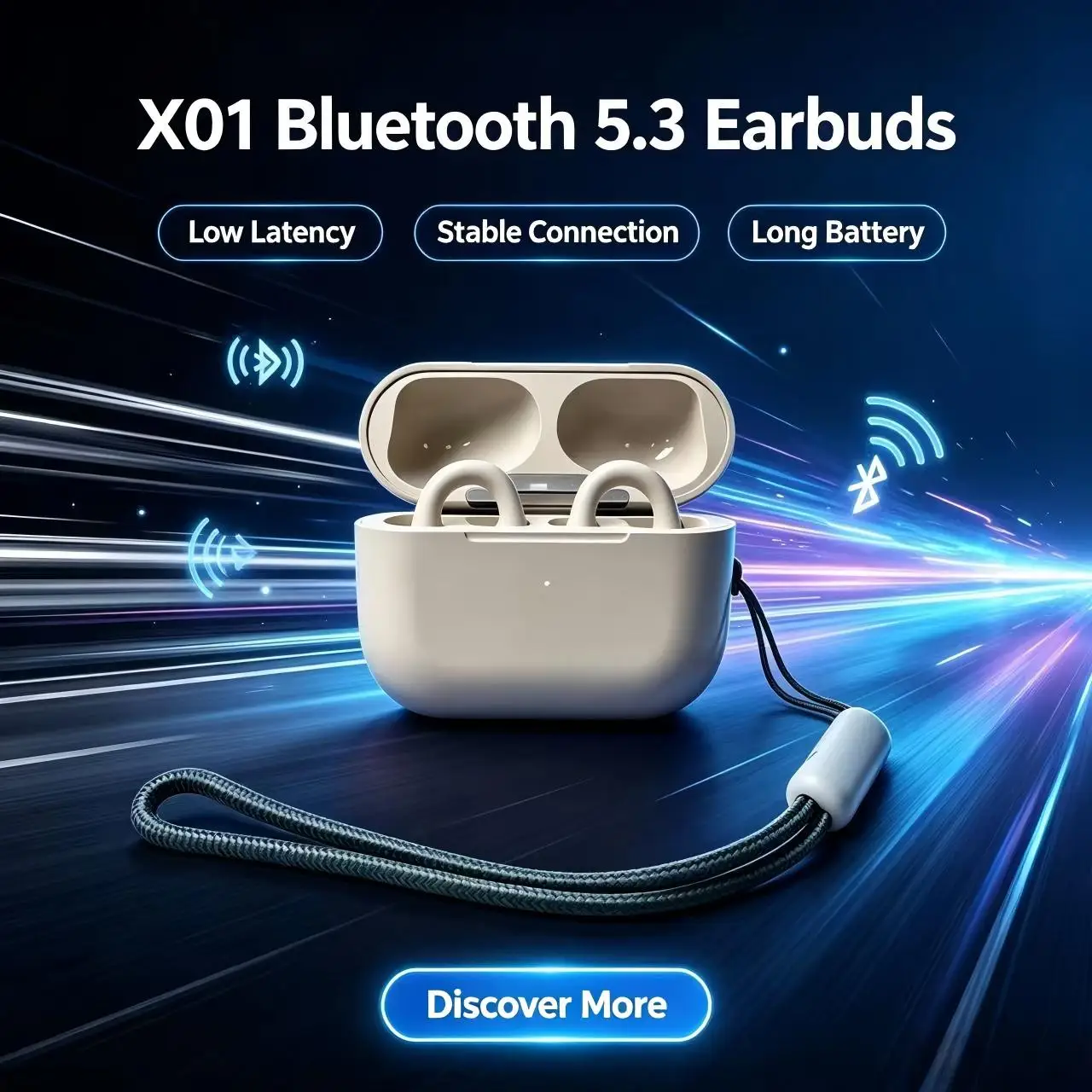 X01 Minimalist Beige Open Ear Wireless Headphones, Portable Charging Case with Anti-drop Rope, Ergonomic Comfort Fit Bluetooth E