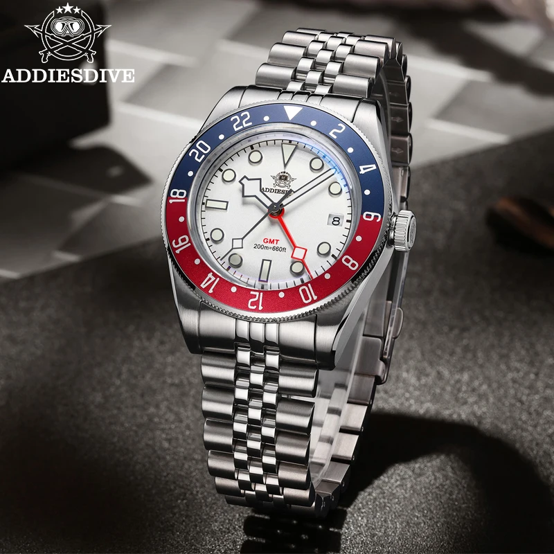 ADDIESDIVE Luxury Watches For Men 200m Waterproof Dual Time Zone GMT Watch BGW9 Luminous 39mm Bubble Glass Quartz Watches Pop