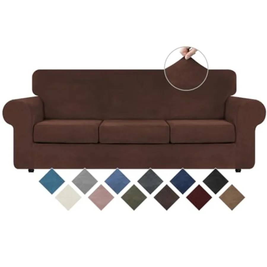 

4 Pieces Velvet High Stretch Couch Covers for 3 Cushion Couch Sofa Slipcovers, Washable Furniture Protector with Non Slip Elast