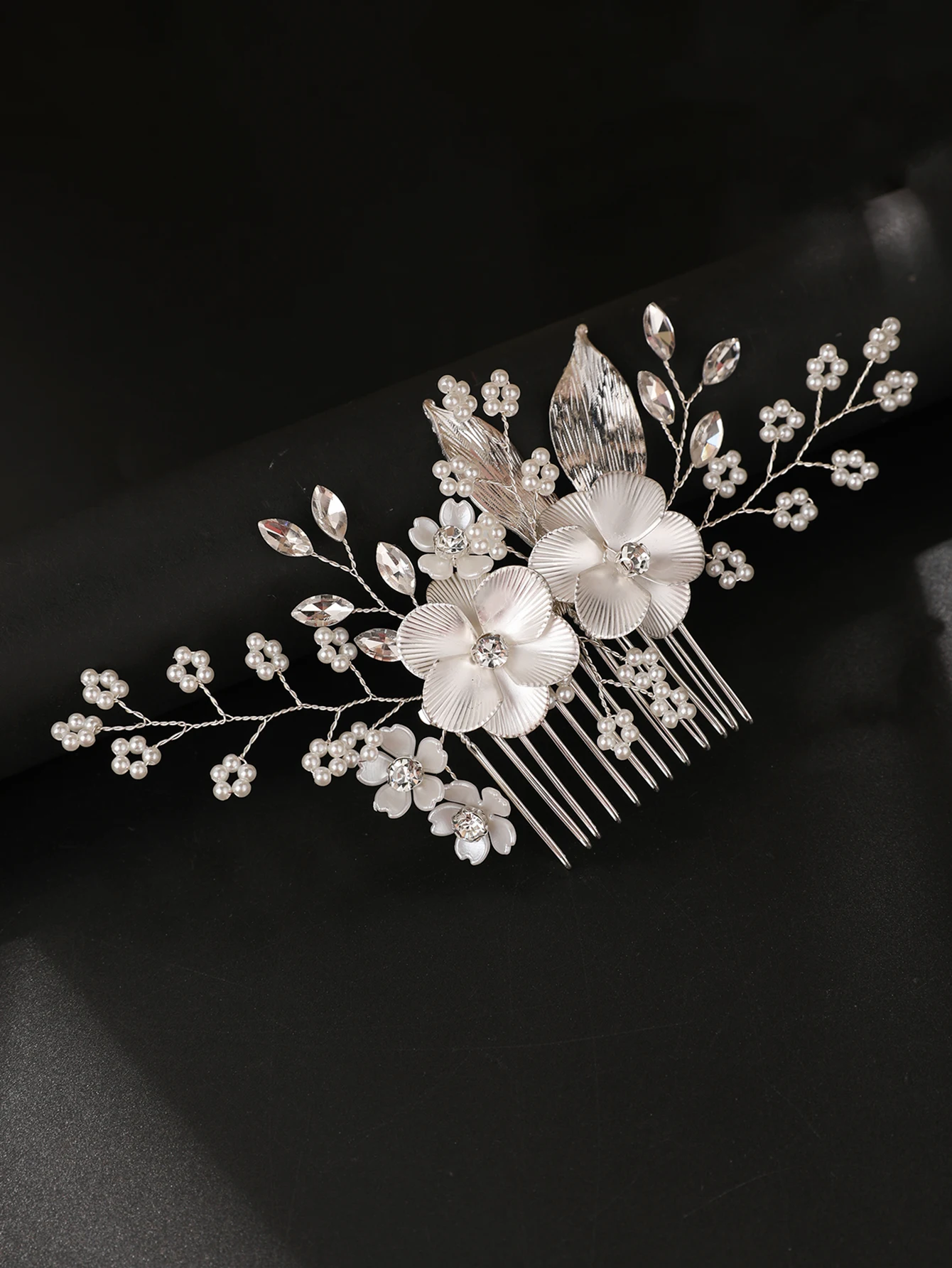 Rose Gold Three-Dimensional Flower Pearl Rhinestone Hair Comb Bridal Updo Hairpin Wedding Dress Evening Style Hair Accessory