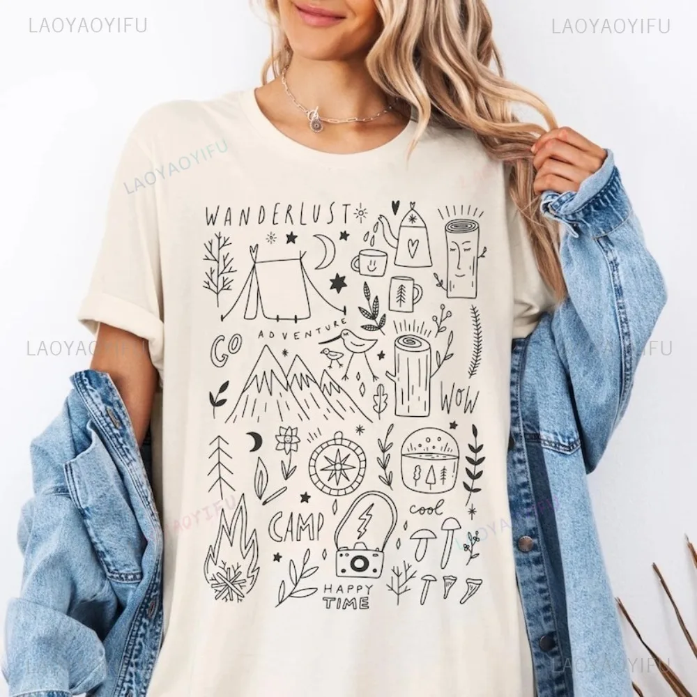 Hiker Adventure Camping Mountain Simple Lines TShirt Nature Lover Vacation T Shirt Casual Fashion Short Sleeve Cotton Man Tees