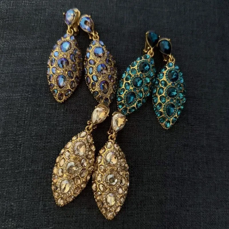 

Fashion Jewerly Vintage High-End Heavy Craft Teardrop Earrings for Women, Full Rhinestone and Colorful Crystal Clip-Ons