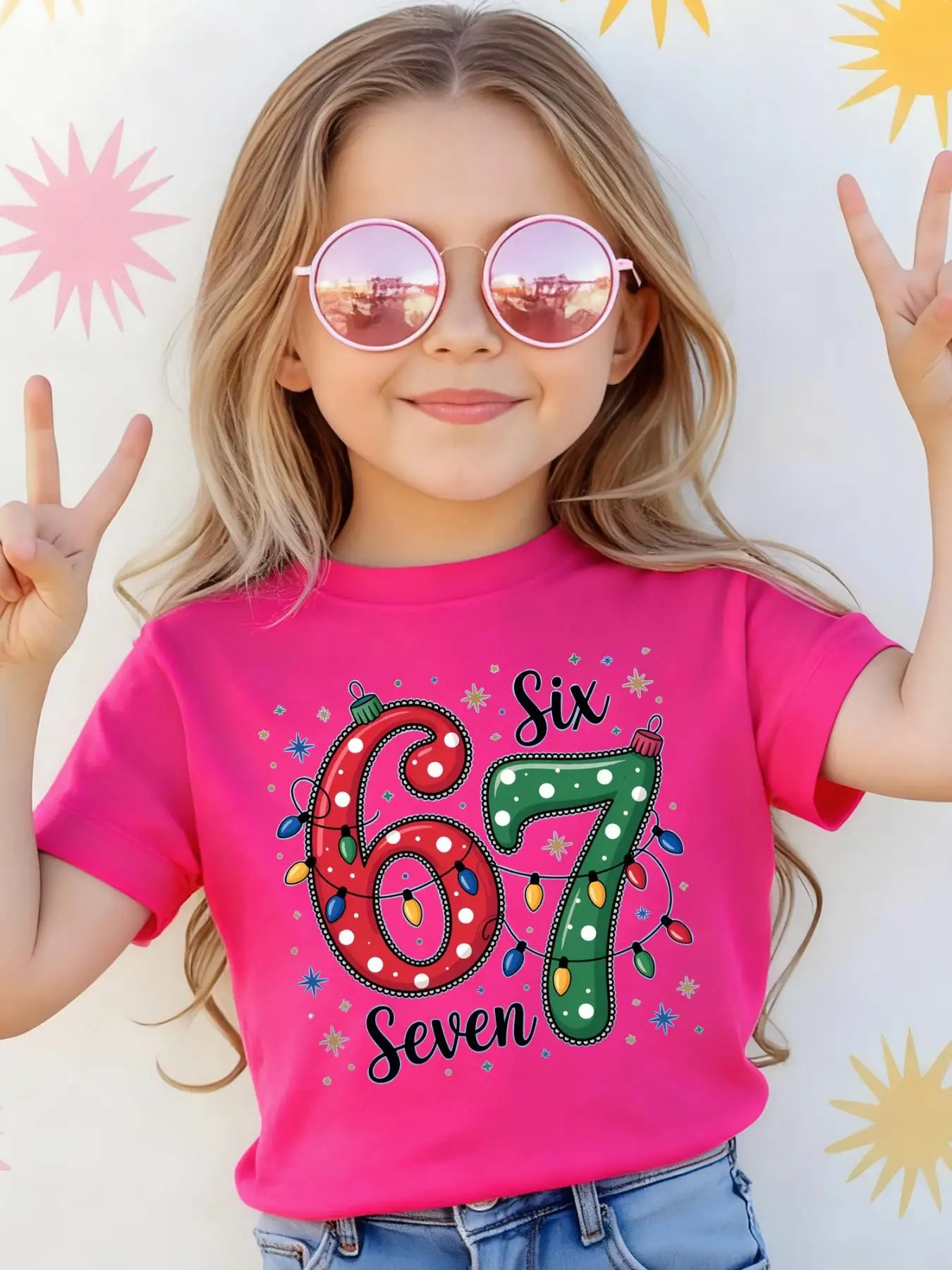 Alphanumeric 67 Pattern Printed 1-Piece Casual Sports Short-Sleeve Shirt for Girls with Light Strip Decoration, 67 Pattern, Christmas and New Year 2026 New Style, Versatile Clothing for Home and Outdoor Wear