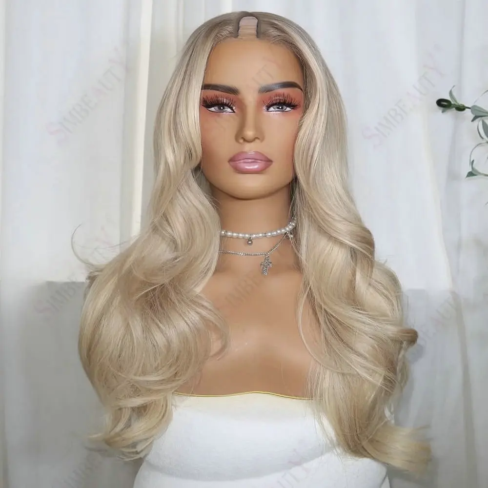 Super lockere, gewellte, dunkelblonde Wurzeln, Ombre-Platinblond, Echthaar, 1X4 U-Part-Perücken, klebefrei, verstellbare V-Part-Perücken mit Clips – Detail 1
