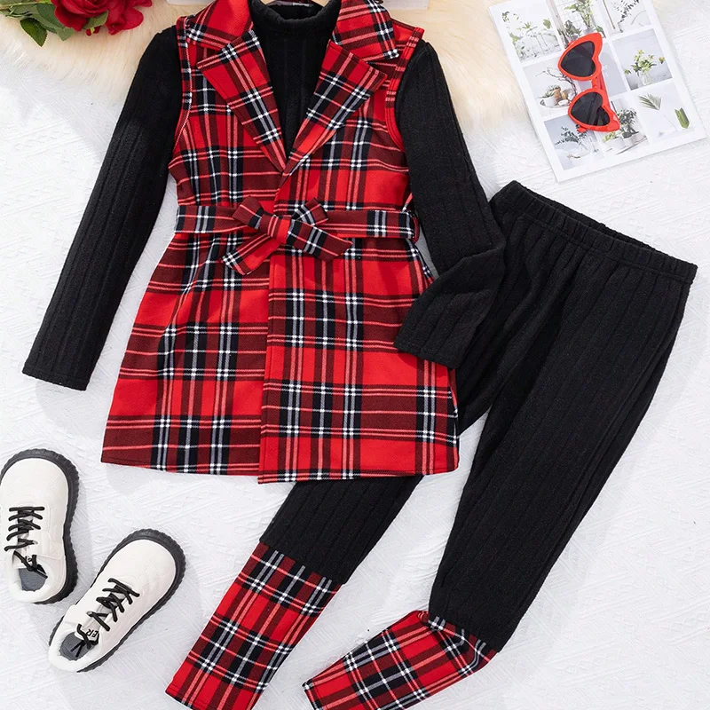 Three Piece Set For Winter Girls Cute And Warm Christmas Plaid Printed Jacket Long Sleeved Pants Princess Birthday Party Dress