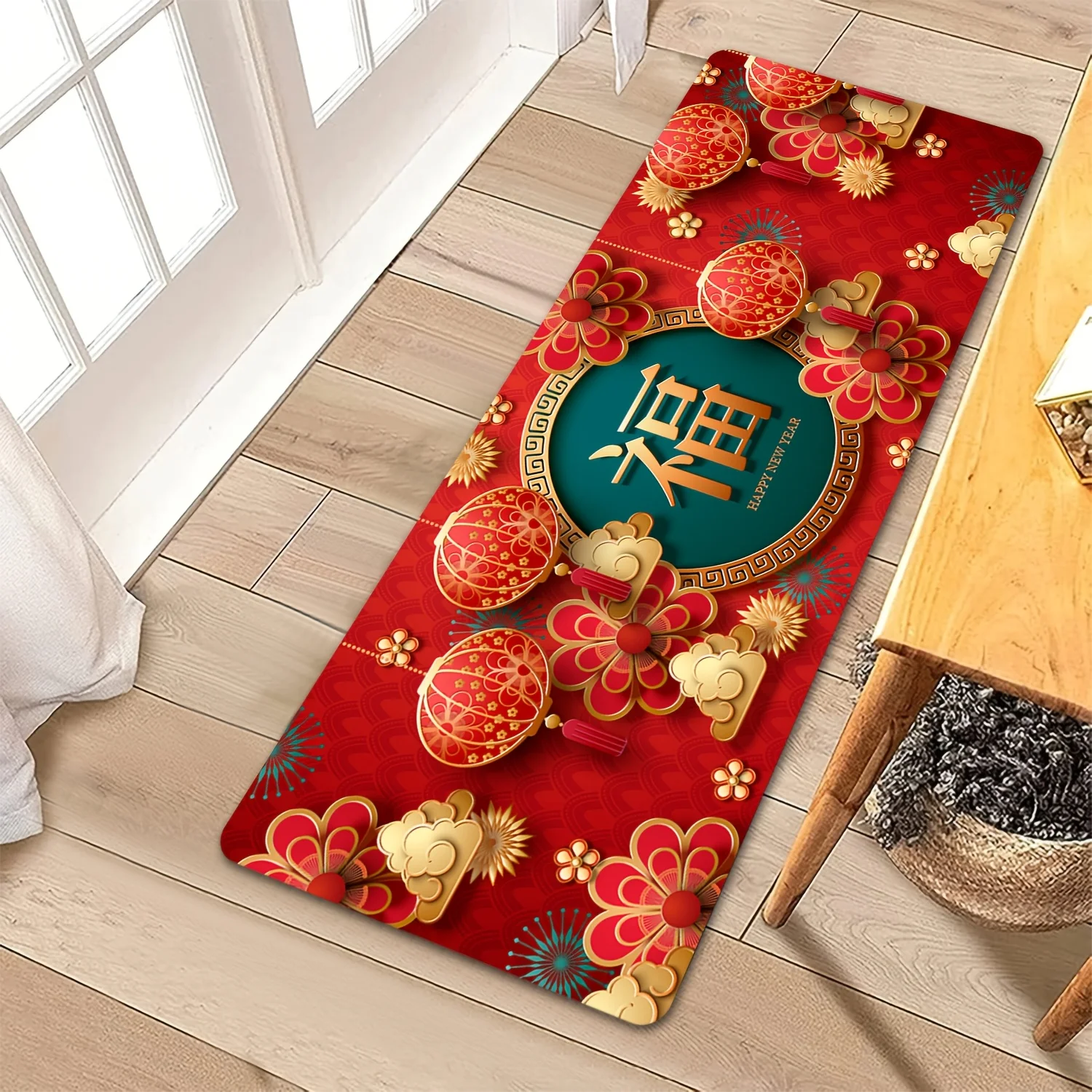 

Festive Chinese New Year Runner Rug, Non-Slip Washable Floor Mat with Fu Lantern Print for Hallway, Kitchen, Living Room Decor