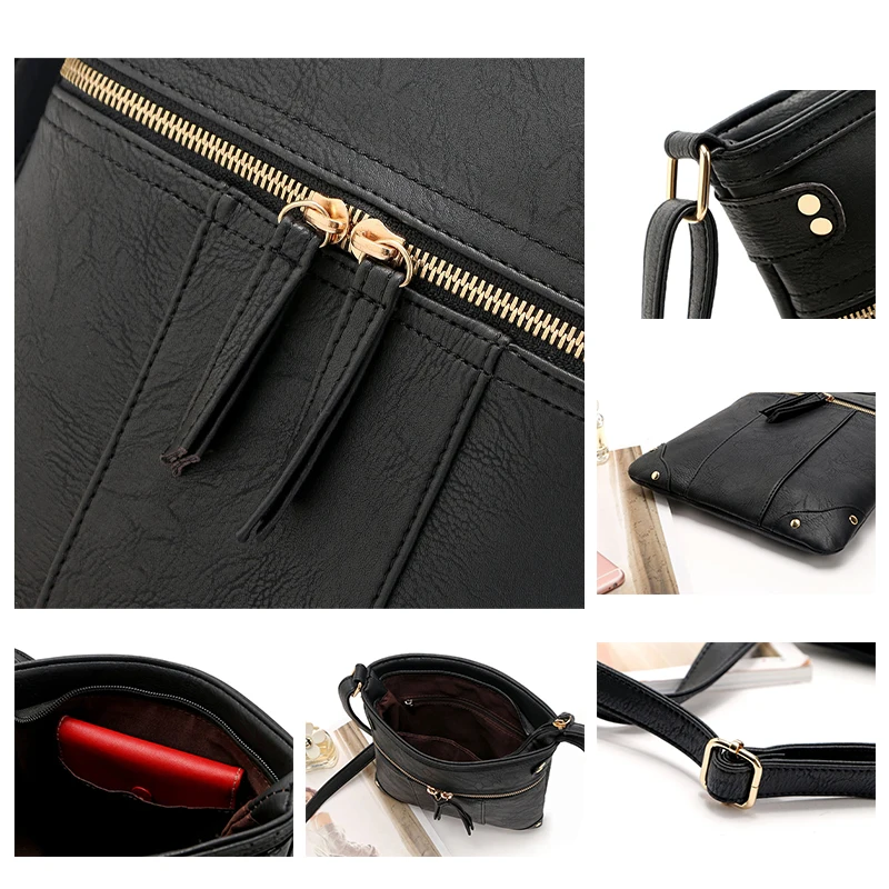 Bolsa Crossbody de couro PU para mulheres, rebite Tassel, bolsa de ombro, viagem ao ar livre, zíper cobre, bolso frontal, novo