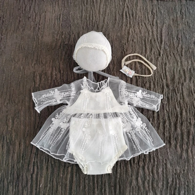 

Newborn Baby Lace Dress Photography Prop Costume Headbands Hat 1 Month Outfit Set for Girls 40JC