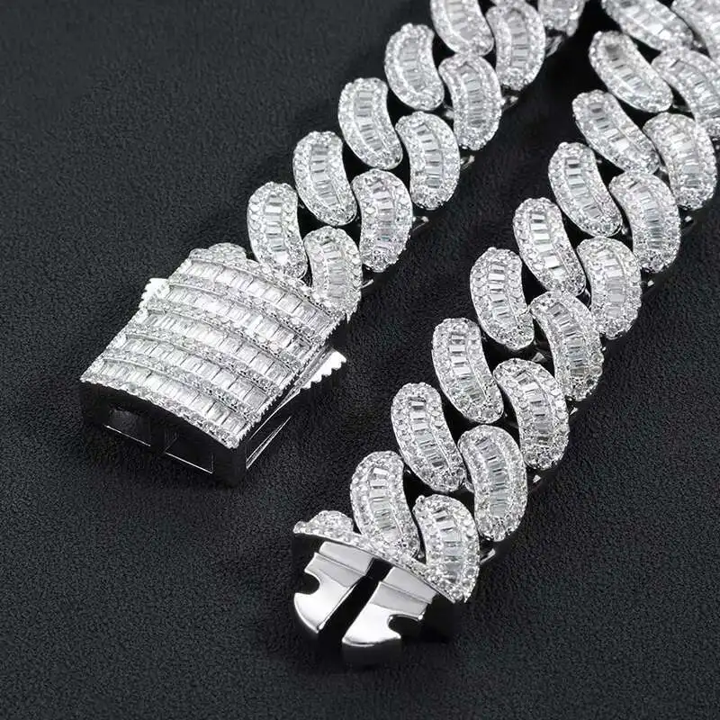 

16mm Vvs silica ice cold chain necklace curved 925 sterling silver French long stick Cuban chain