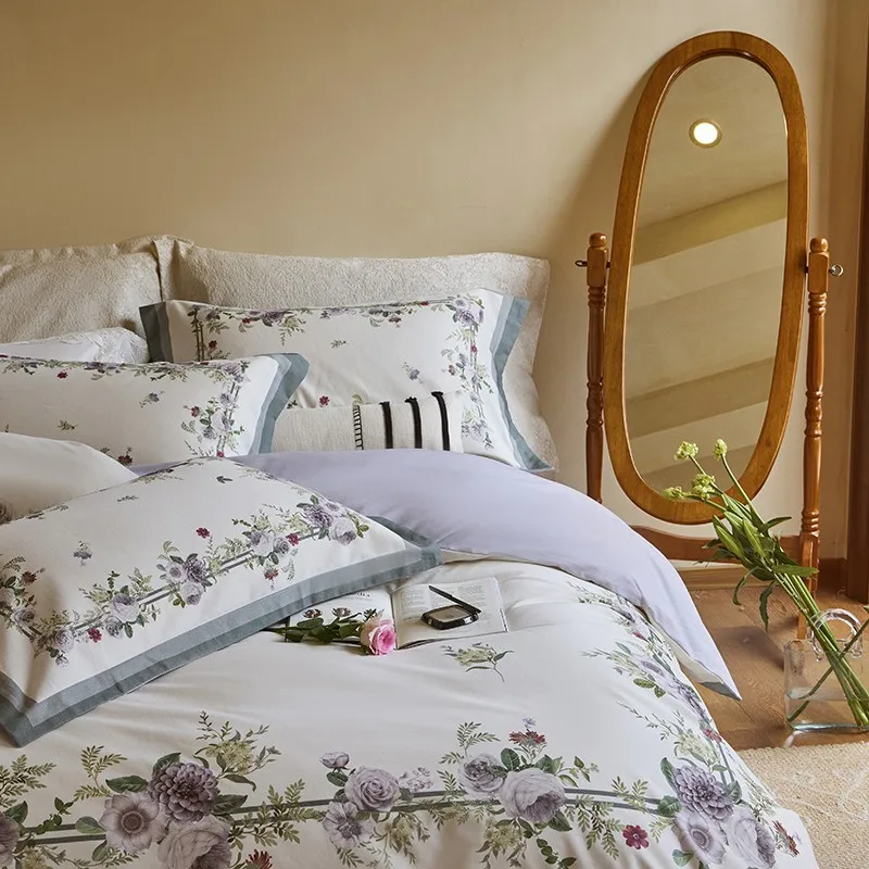 100% Soft Cotton Brushed 4Pcs Rose Floral Chic Vibrant Queen Double Duvet Cover with Zipper Flat/Fitted sheet Pillowcases