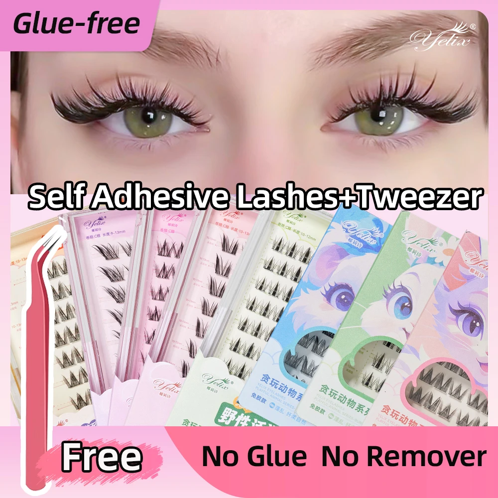 

Yelix Glue-Free DIY Self-adhesive False Eyelashes Reusable Natural Soft Lashes No Glue Needed DIY Cluster Lashes with Tweezers
