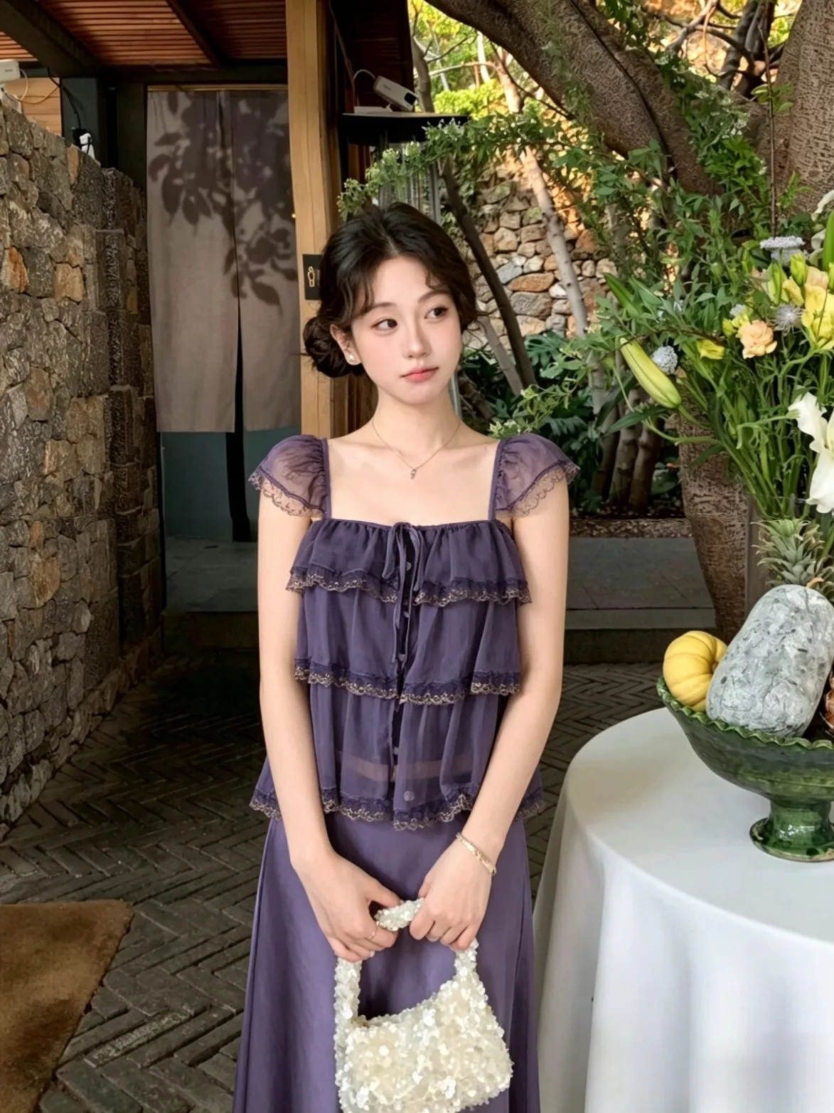 

Elegant Purple Lace Trimmed Chiffon Top Women's Fashion Summer Slimming Square Collar Blouse Gentle Wind Style Loose Fit