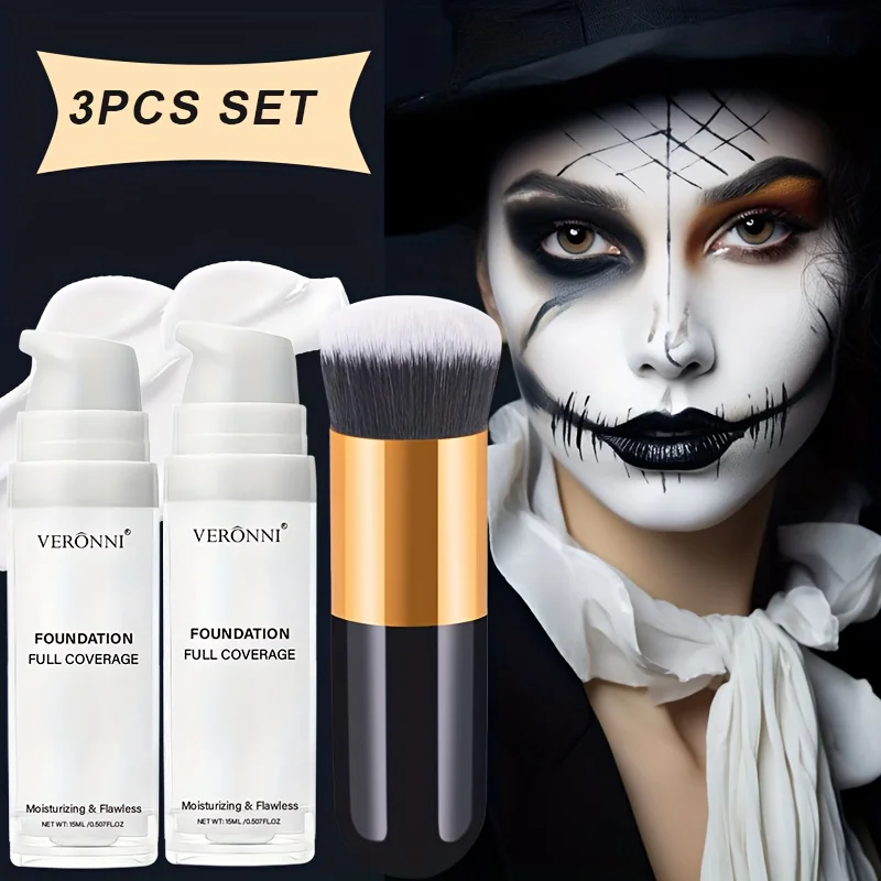 2pcs White Liquid Foundation with Free Brush Halloween Makeup Sets,Clown Role-Playing  High Concealer Coverage Makeup Kit
