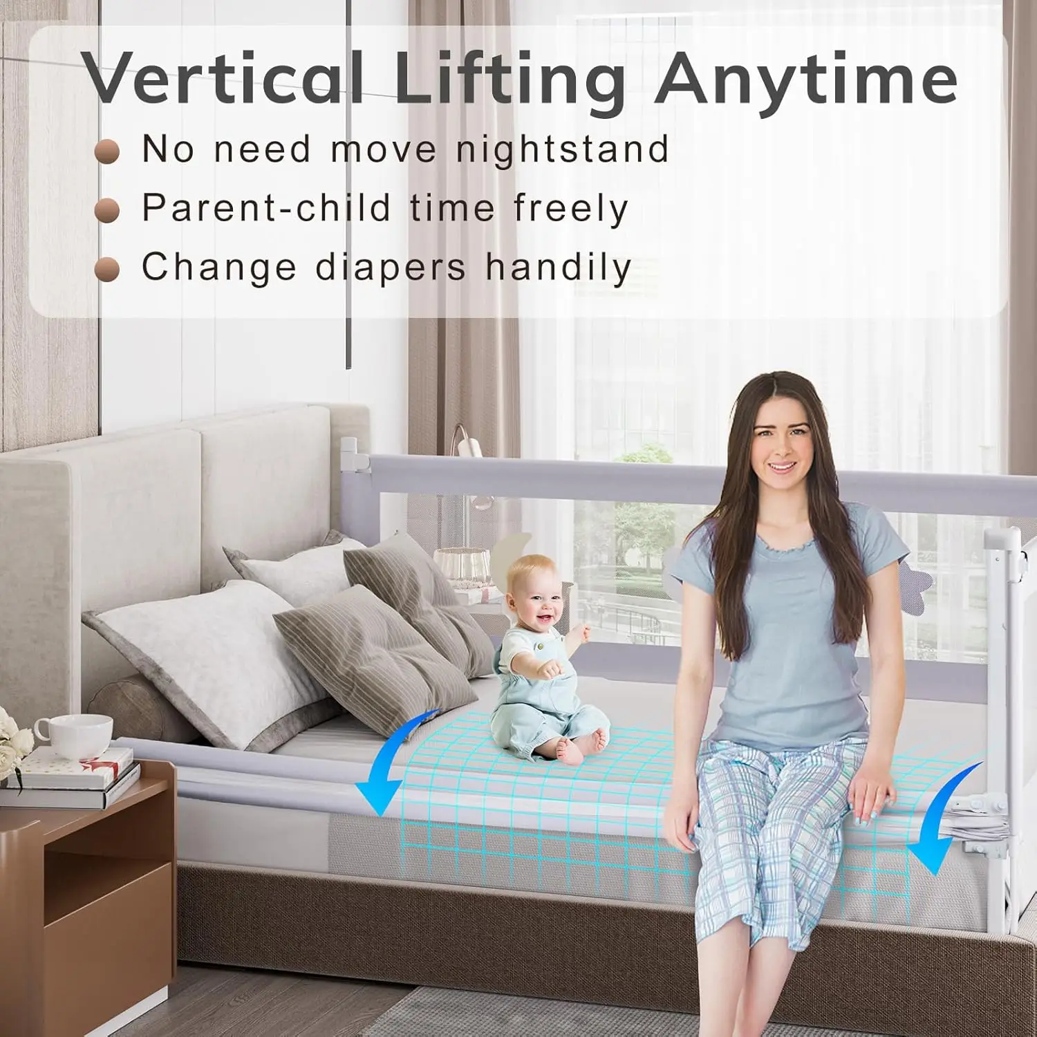 (3 Pack) Toddler Bed Rails with Double Child Lock - Bed Rail for Baby Kids with Pattern - Height Adjustment Guard Rails for Twin