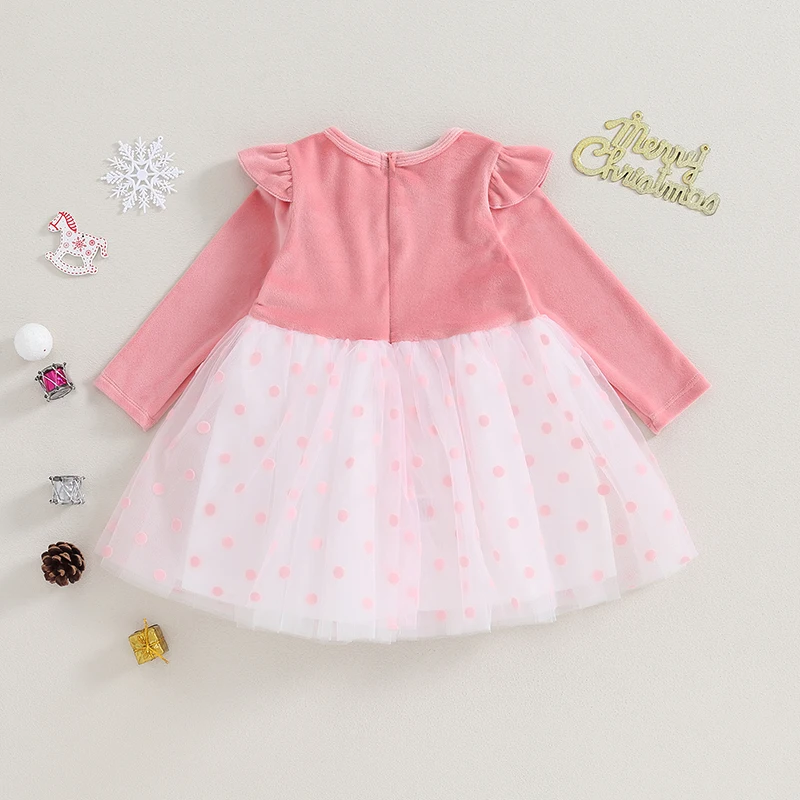 Toddler Girls Winter Long Sleeve Dress Crew Neck Polka Dot Print Tulle Patchwork A-line Dress with Bow Detail