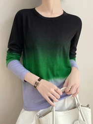 Ladies' Gradient Color Sweater Women's Casual Knitted Pullover 2025 Spring Summer Soft Loose Long-Sleeved Basic Round Neck Tops
