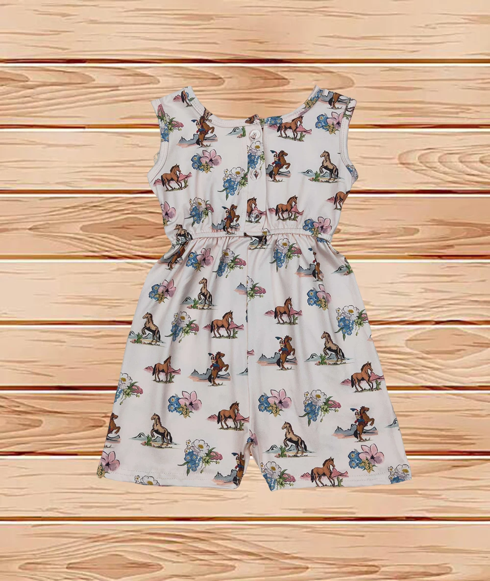 

3.24 Wholesale hot sale Western Boutique children clothing Baby Girls Western Rodeo Horse Flowers Pockets Jumpsuits