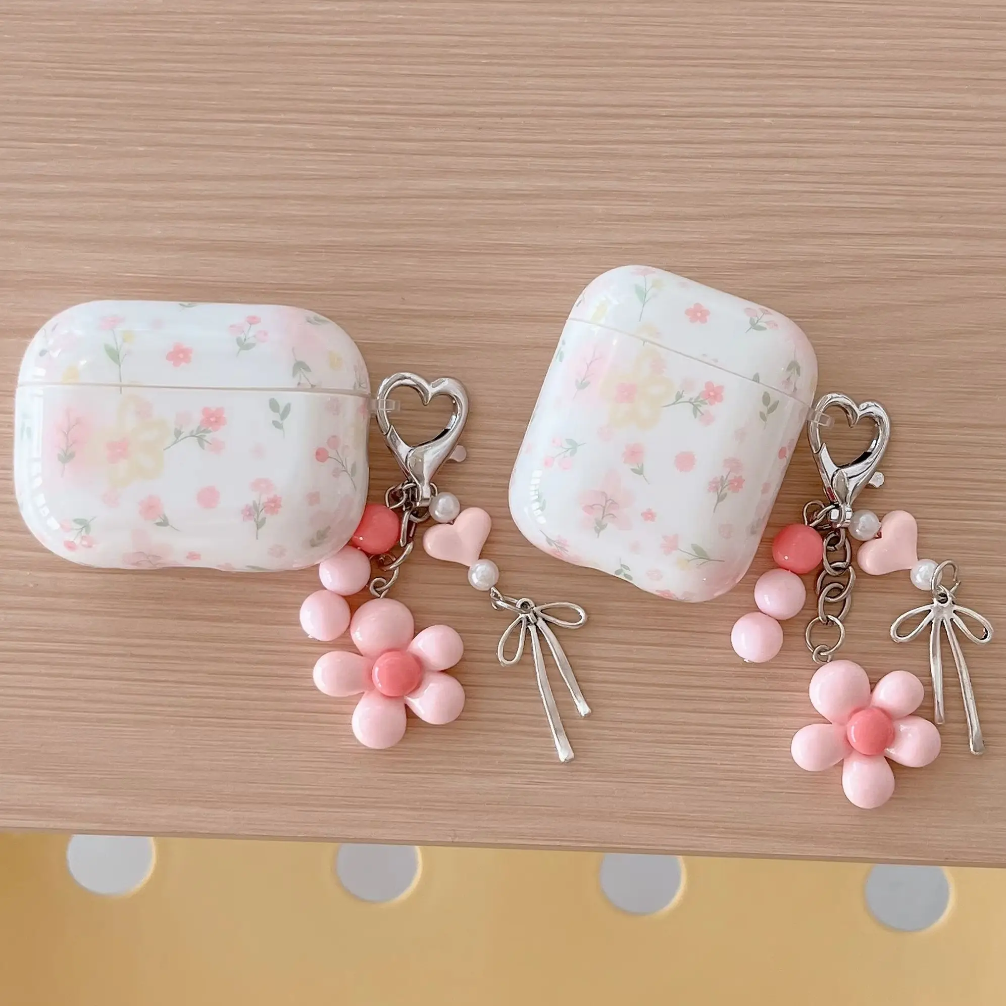 Pink Yellow Flower Green Leaf Pattern White Glossy Surface Earphone Cover Case For AirPods 1 2 3 4 5 Pro Pro2 Pro3 with Pendant