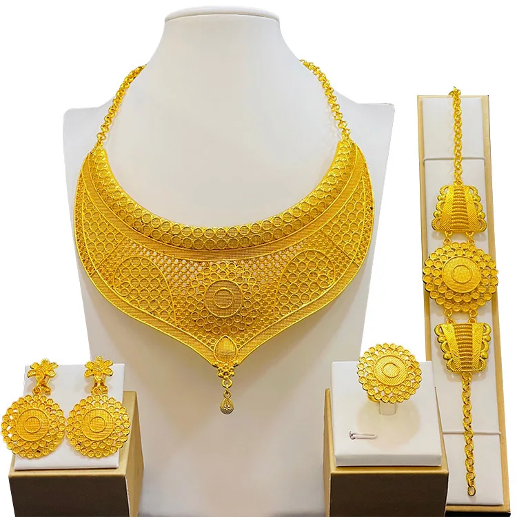 

Liffly Luxury Dubai Gold Color Jewelry Sets for Women Indian Earring Necklace Nigerian Moroccan Bridal Wedding Party Jewelry