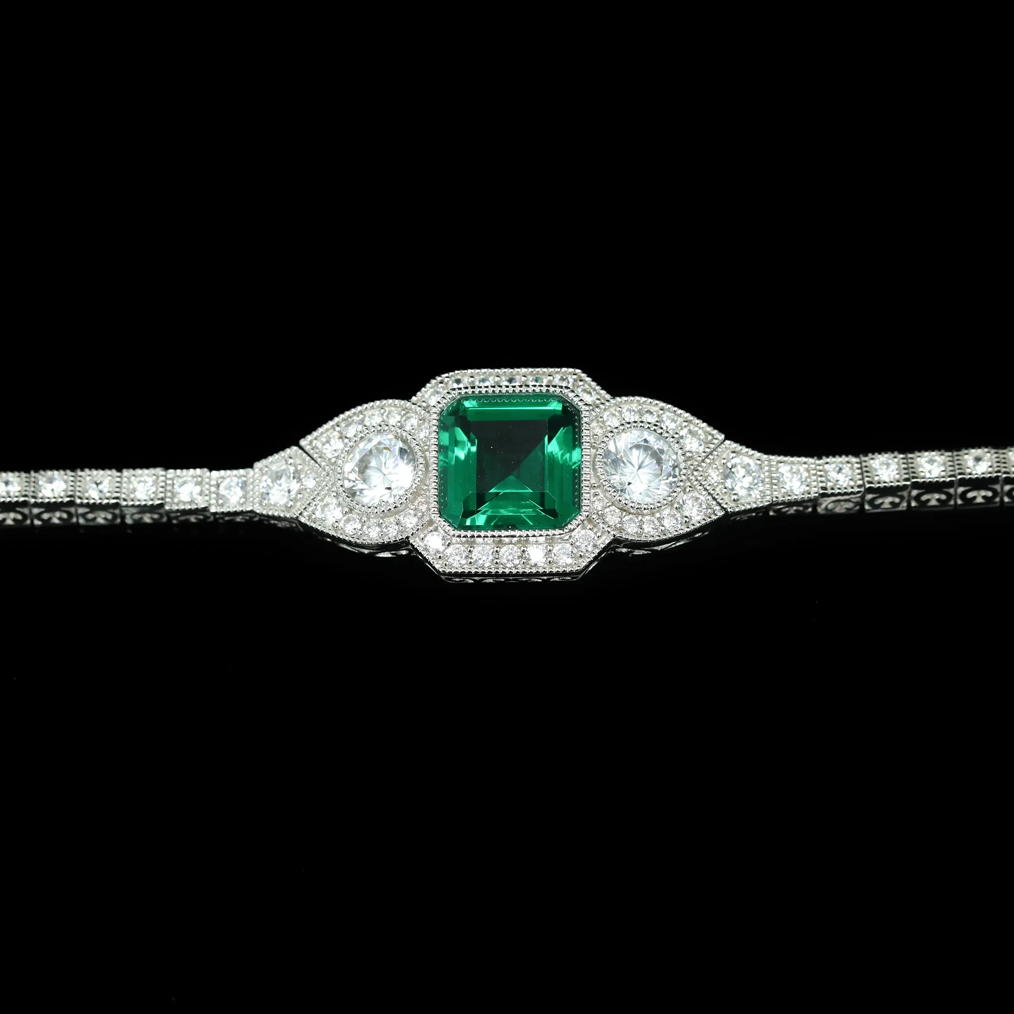 Antique Art Deco Artificial Emerald Bracelet Gorgeous Women's 925 Sterling Silver Statement Fine Jewelry Anniversary Party Gifts
