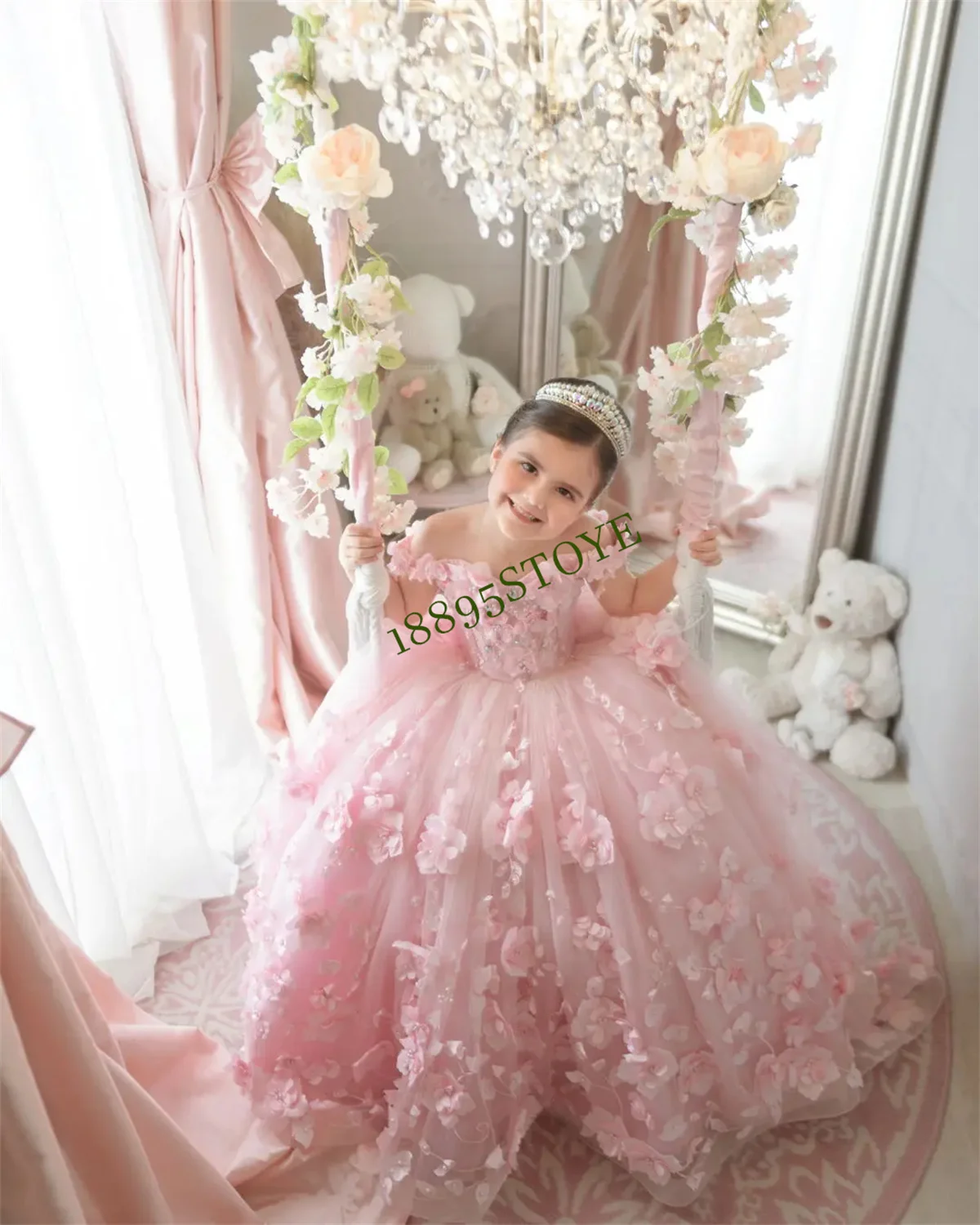 Flower Girl Dress A-line Skirt with Three Dimensional Petals Scattered All Over the Gown and Embroidered Vines Lace Up