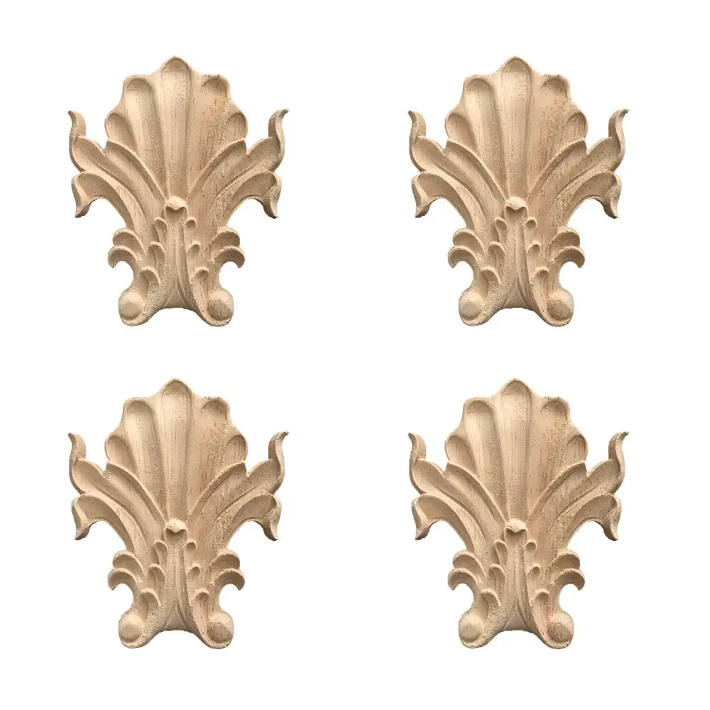 4pcs Wood Carving Decal Wood Carved Onlay Applique Wood Corner Applique for Door Cabinet Walls Unpainted Home Furniture Decora