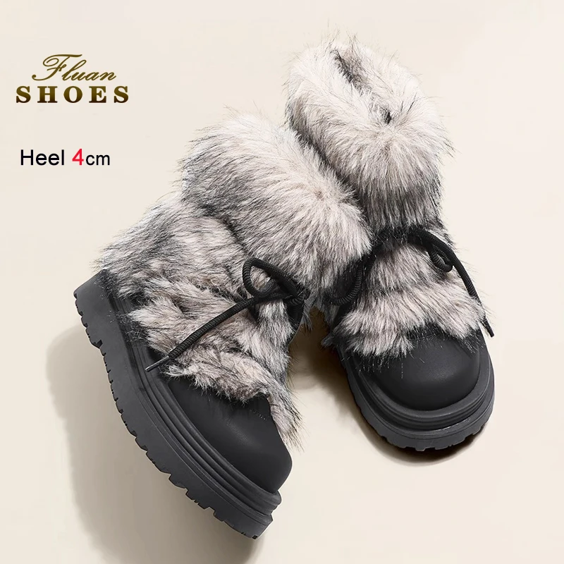 

Furry Short Boots For Ladies 4CM Anti-Slip Soled Fashion Fluffy Woman Warm Cotton Shoes Plush Lining Winter Women's Snow Boots