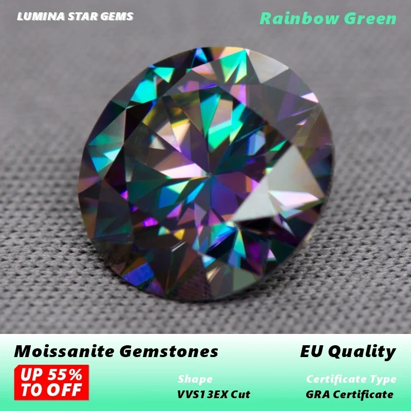 Rainbow Green Moissanites Round Brilliant 3.0mm-11mm Hearts and Arrows Cut Moissanite EU Quality Jewelry Making With Certificate