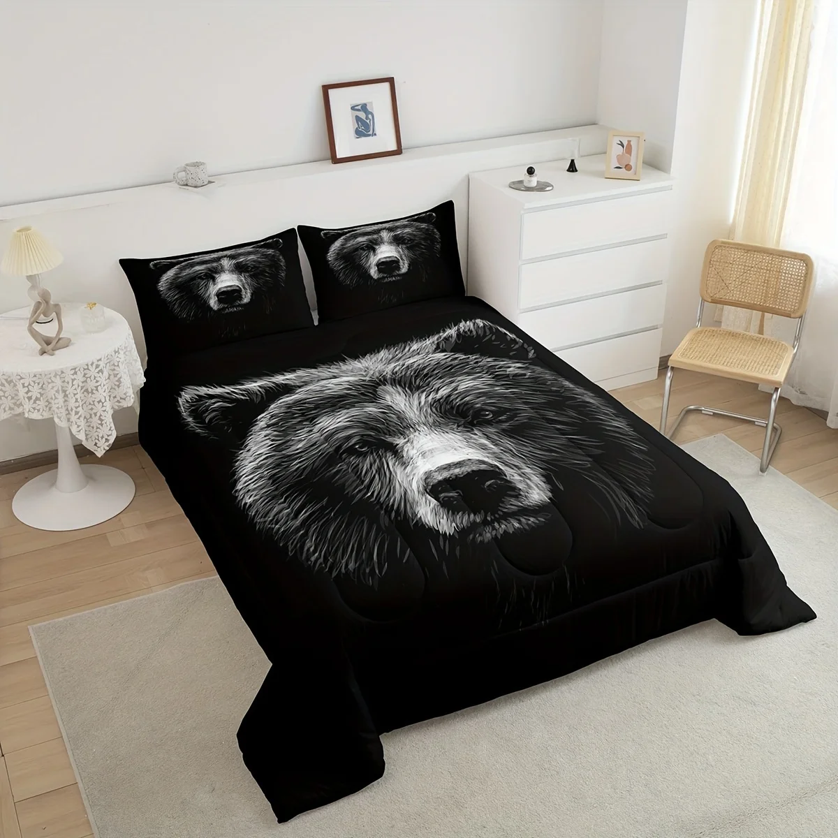 3D Bear Comforter Set Fierce Animal Black Theme Duvet Insert For Adult Women Scary Eye Cool Bear Quilted Duvet Bedding Comforter
