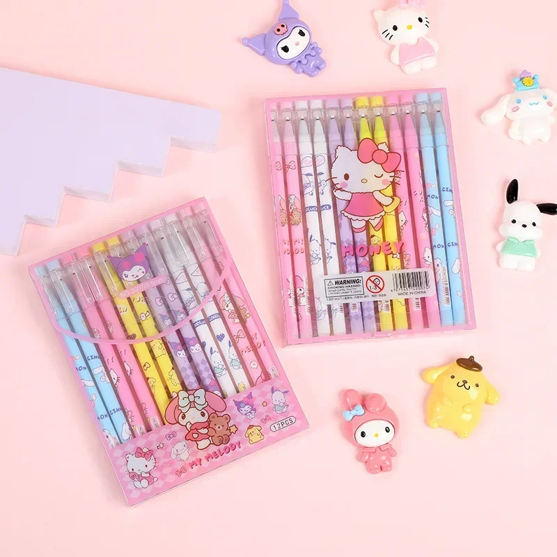 Sanrio pulpen GEL Hitam ลบได้ปากกา Hello Kitty Kuromi Cinnamoroll เมโลดี้ที่เป็นกลาง12ชิ้นเครื่องเขียนสำนักงานอุปกรณ์การเรียน