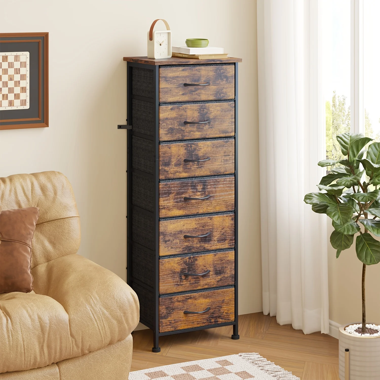 

WHONLINE Tall Dresser for Bedroom, Storage Organizer with 6/7 Drawers, Vertical Bedside End Table for Bedroom, Sturdy Steel Fram