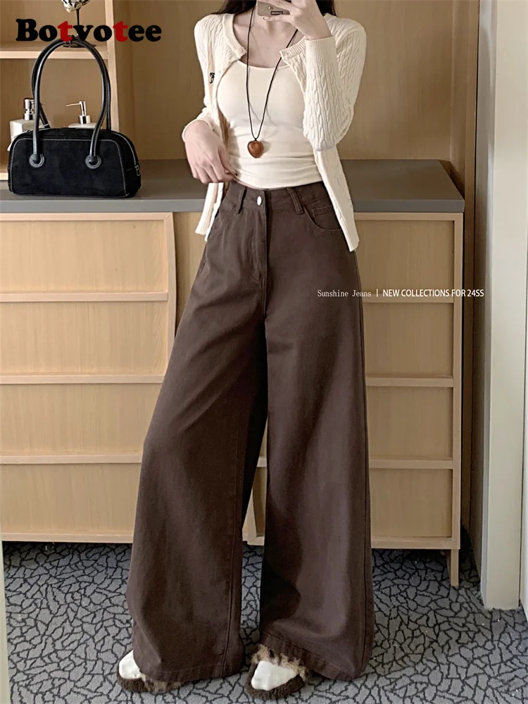 

2026Brown Baggy Jeans Women High Waisted Wide Leg Streetwear Fashion Black Denim Pants Beige Slouchy Jeans