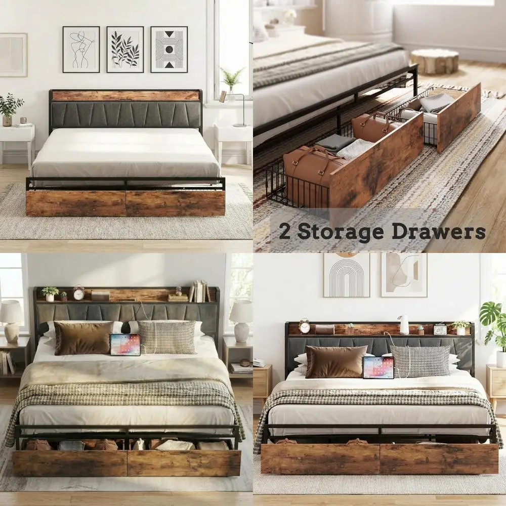 

King Size Storage Bed with Charging Station, Platform Design, No Box Spring, Easy Assembly, Brown and Gray Industrial Style
