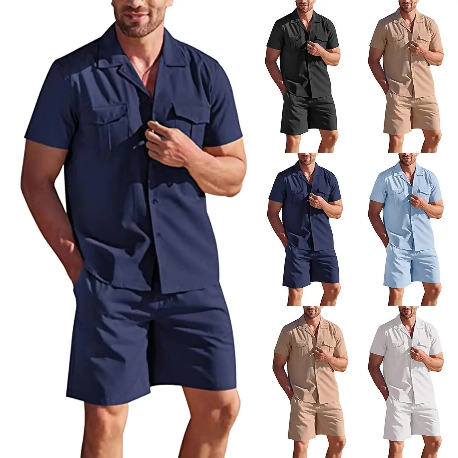 Linen Short Sleeved Shirt Set Loose Casual Cotton Cardigan Shirt+Shorts Safari Men Suit Sets Navy Blue Lapel Summer Beach Wear