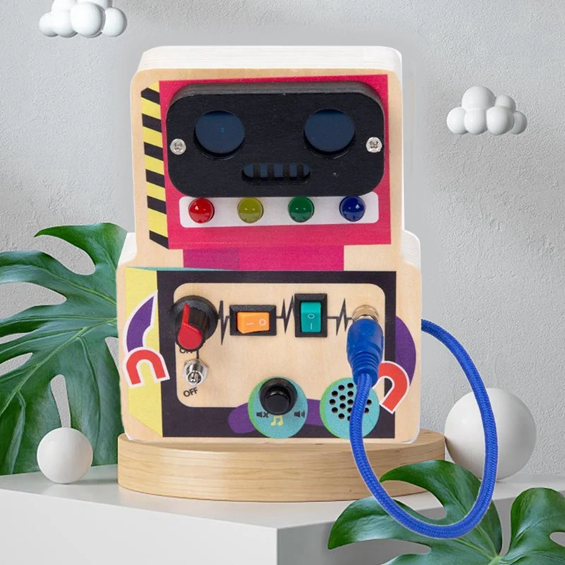 Robot Children Busy Board Montessori Toys Wooden With LED Light Switch Control Sensory Educational Games For 2-4 Y