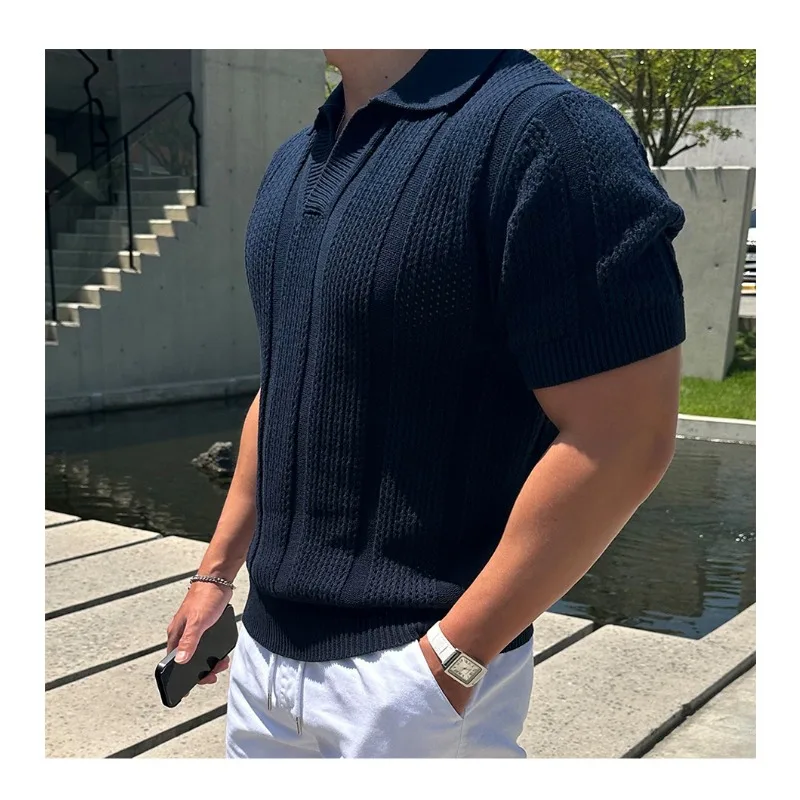 Luxury Knitted Polo Shirt Short Sleeves Golf Shirts Hollow Out Men Polo Homem Tops Summer Design Knitwear Tees Slim T-shirt Chic