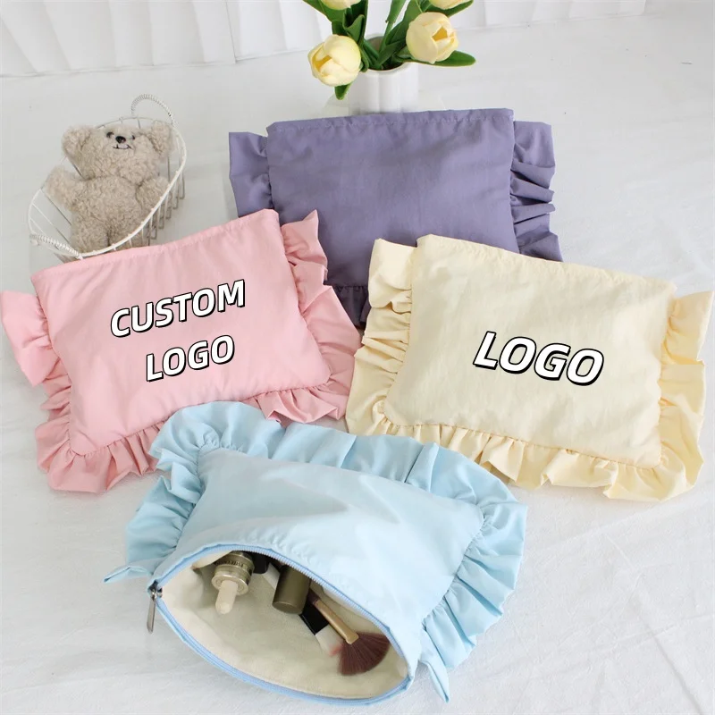 Custom Logo Ruffle Edge Makeup Bag Solid Color Cute Fabric Cosmetic Pouch Zipper Travel Toiletry Storage Bag for Women Girls