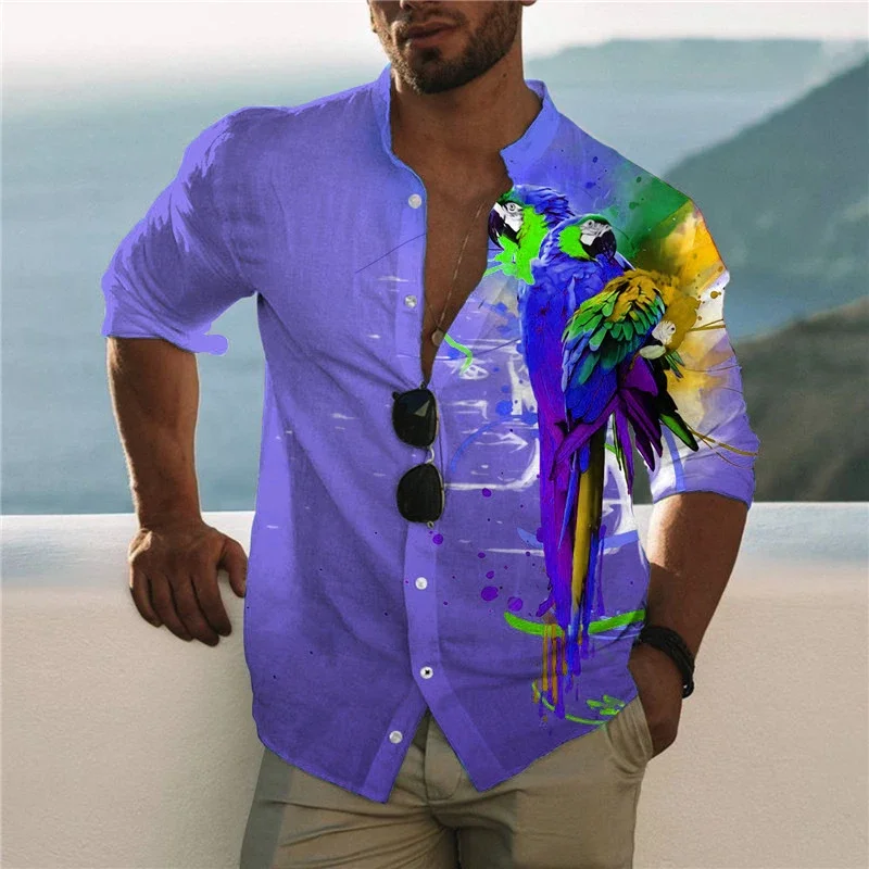 3D Parrot Print Men\'s Social Shirt Hawaiian Beach Holiday Long Sleeve Lapel Oversized Tops Male Clothes Casual Camisa Masculina