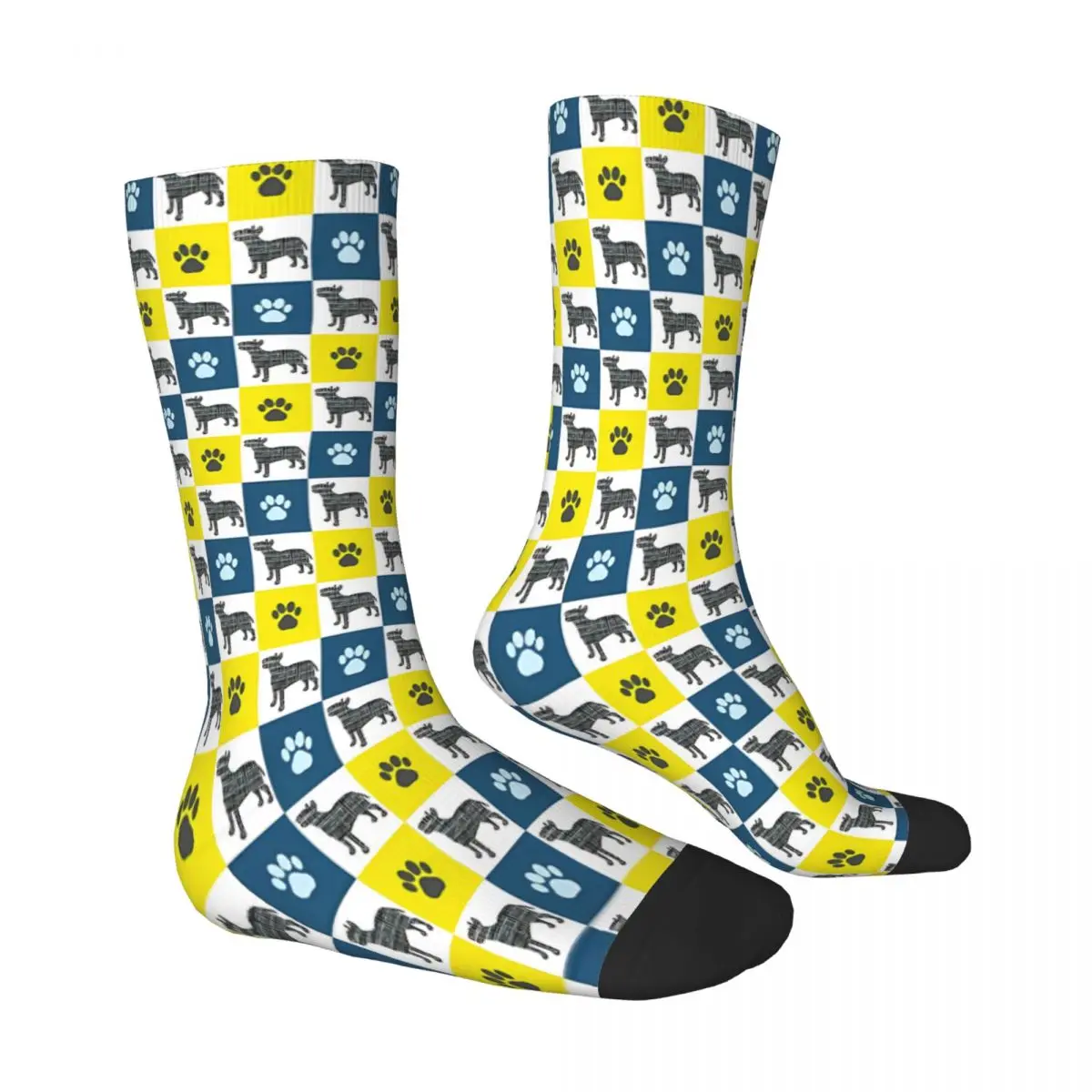 Paw Repeating Blue Yellow Grid English Bull Terrier Dog Socks Male Mens Women Summer Stockings Polyester