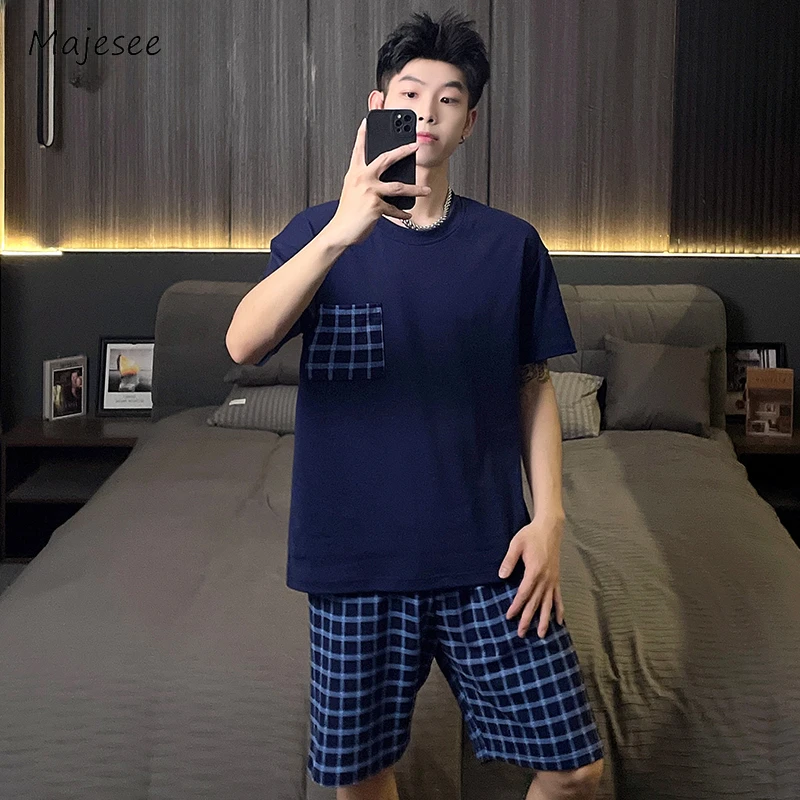 Plaid Pajama Sets Men Summer Korean Style Trendy Simple Basics Loungewear Advanced Popular Cozy Normcore Slouchy Stylish Street