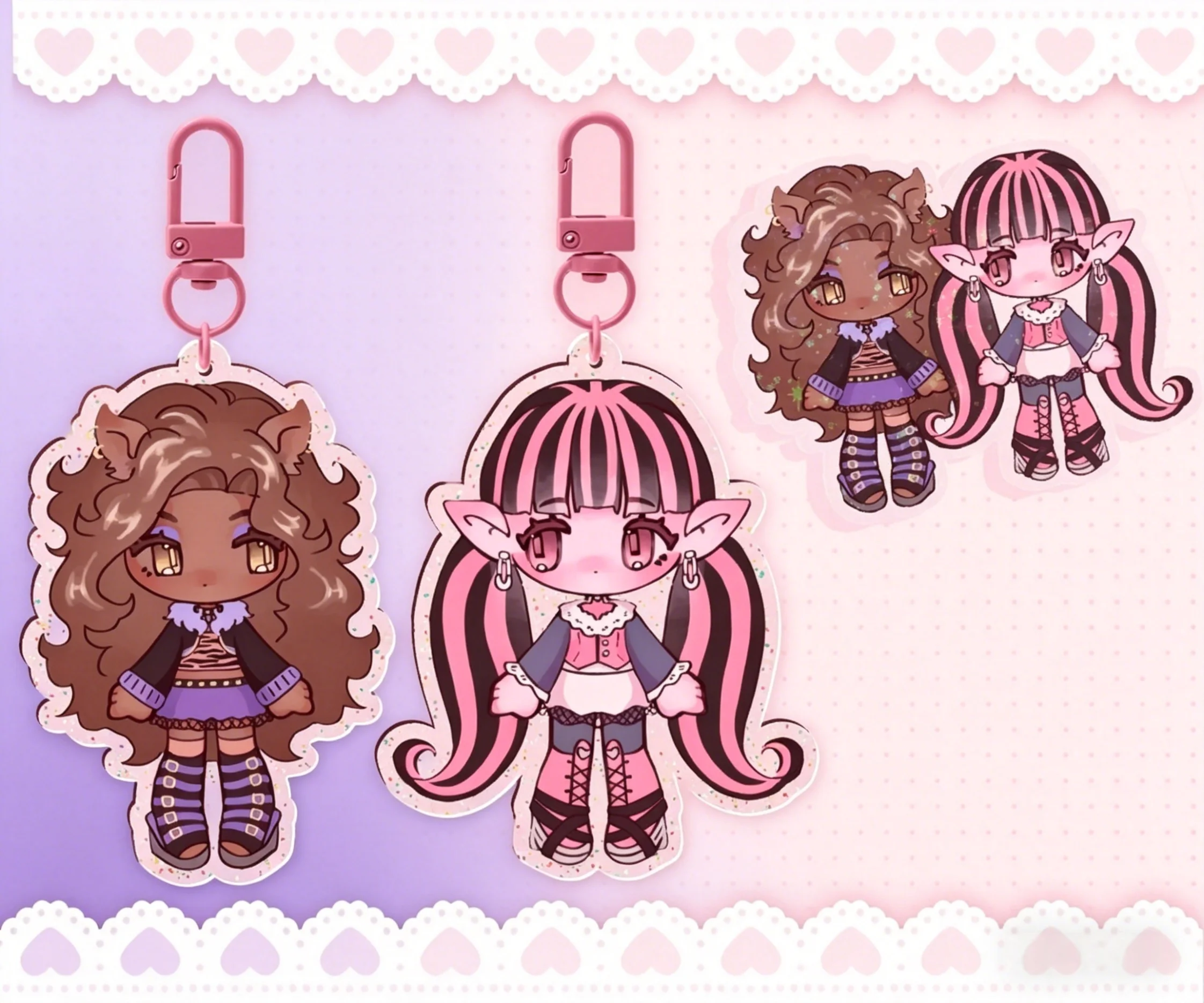 Llavero con Dijes Brillantes de 3 Pulgadas, Dijes de Clawdeen y Draculaura para Niñas, Accesorios de Moda