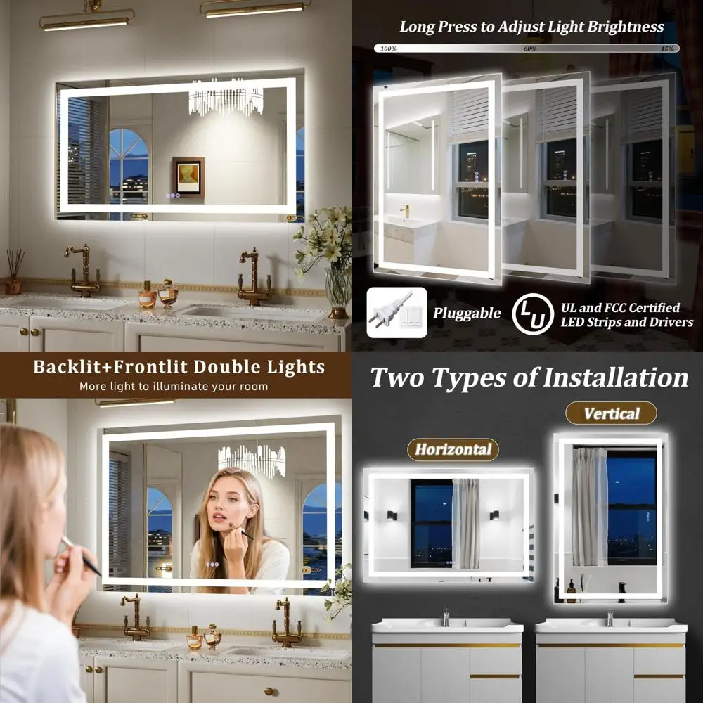 Espejo de baño con iluminación LED regulable, 55x30, antivaho, retroiluminado y iluminado frontal, 3 opciones de color, con función de memoria