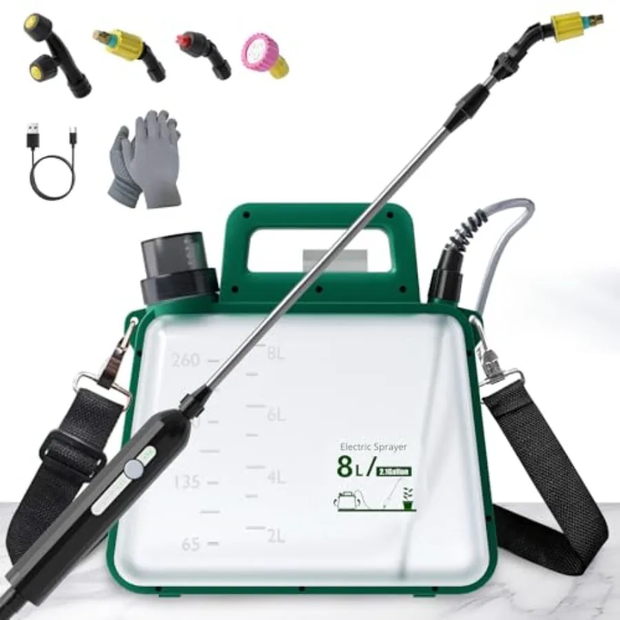 

Battery Powered Garden Sprayer 2.1 Gallon 2500mA Electric Weed Sprayer with Rechargeable Handle 4 Mist Nozzles 37" Retractable