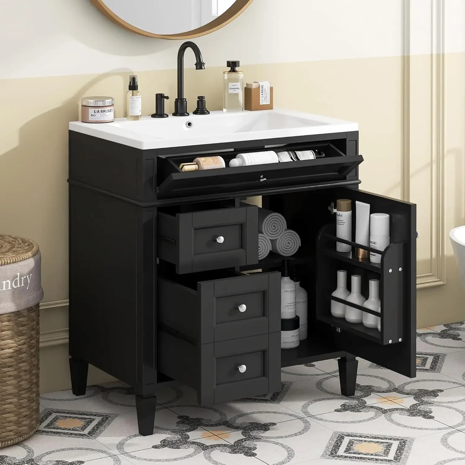 Mobile da bagno da 30" con lavabo singolo combinato, mobiletto da bagno moderno sottopiano con 2 cassetti e cassetto ribaltabile