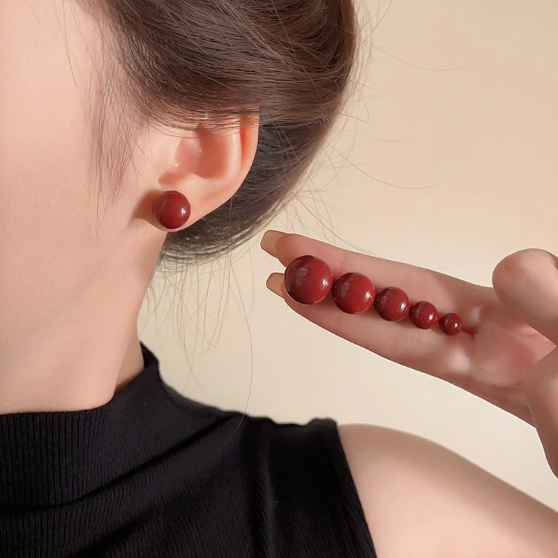 Real 925 Sterling Silver 6/8/10/12/14MM Red Artificial Pearl Stud Earrings For Women Classic Fine Jewelry Minimalist Accessories