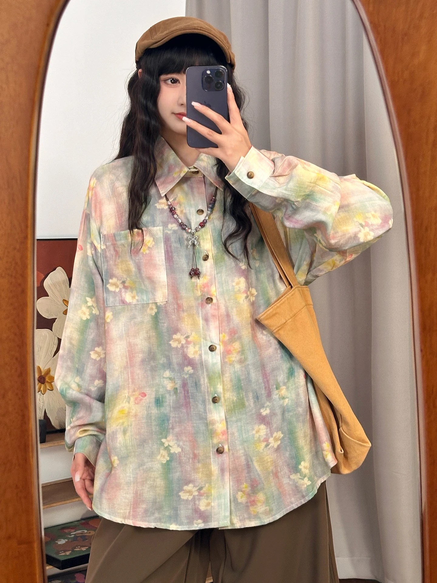 

Свободная повседневная женская рубашка с длинным рукавом, тай-дай, с цветочным принтом, в уличном стиле, удобная, из смесового хлопка, стандартного кроя, на каждый день, на пуговицах